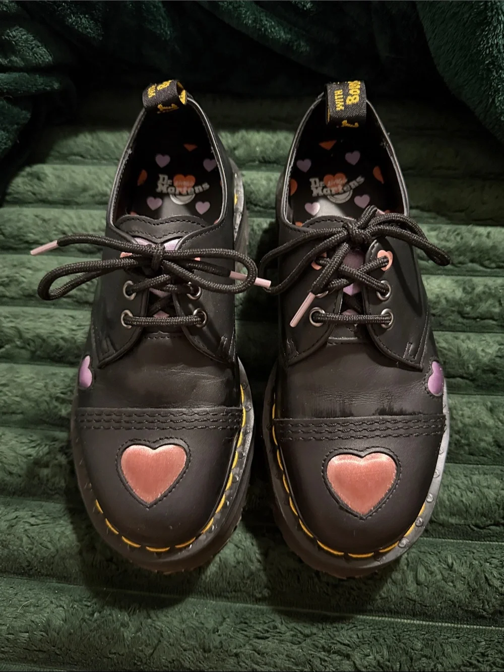 Dr. Martens Women’s Black Leather Heart Oxford Shoes - Pink Heart Detail